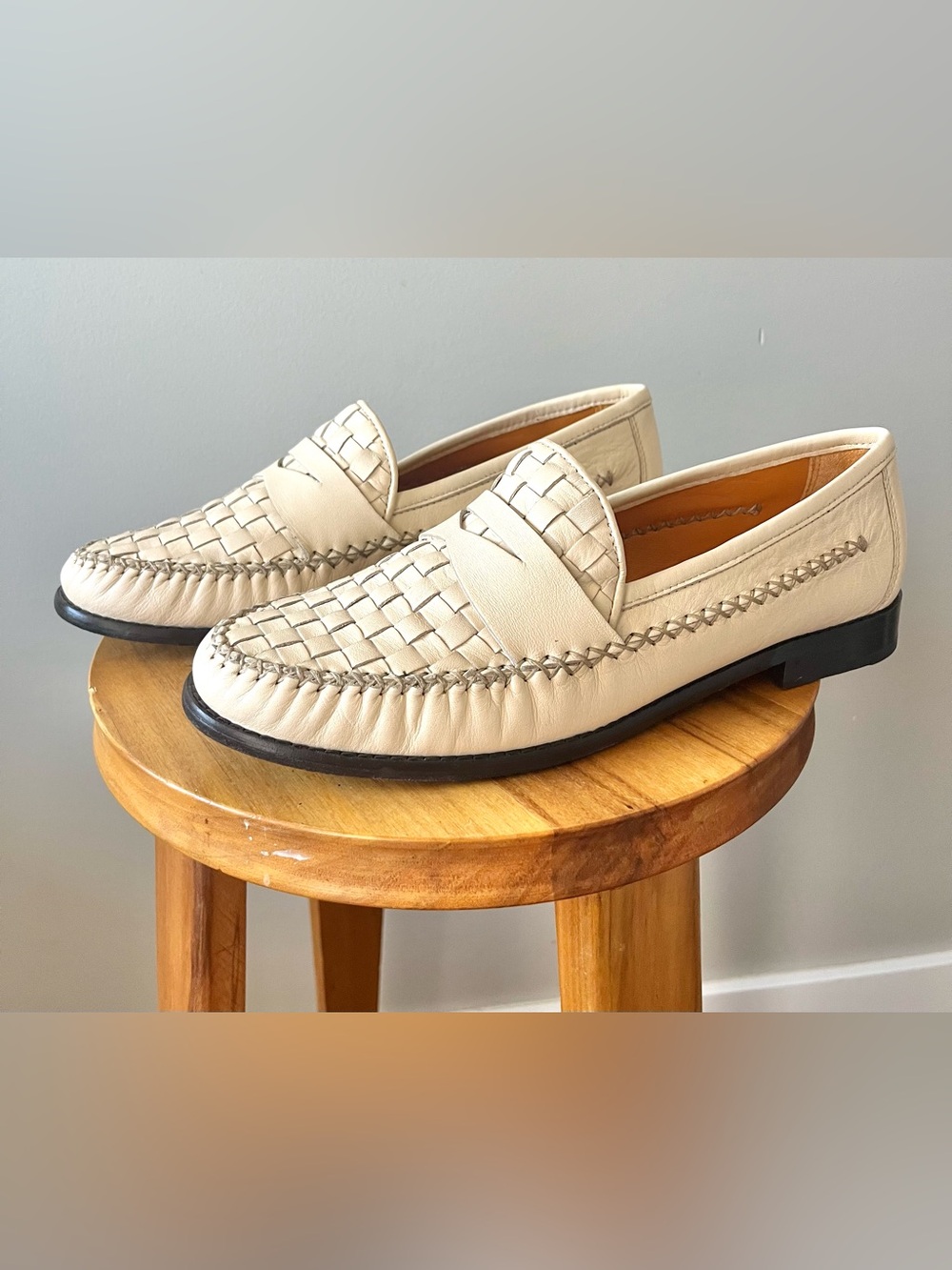 ROBERT ZUR Men's Cream Woven Leather Penny Loafers Size 10M -Quiet Luxury